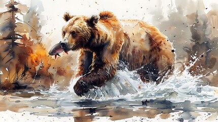 A watercolor painting of a bear standing in a rushing river, gripping a salmon in its jaws as water cascades around it.