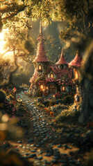 Fototapeta premium Fairytale village diorama with adorable houses with tiled roofs. Fantasy magical forest with fairy village. Miniature 3D diorama wallpaper background.