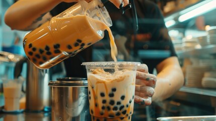 A vendor pouring bubble tea into a cup