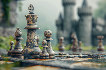 A fantasy chess diorama world with dark medieval castle. Immersive miniature fantasy game. Wallpaper background enchanted gothic spooky.