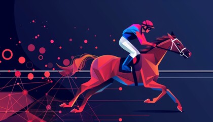Polygon Style Horse Racing, Jockey and Horse Speeding on Abstract Background. Digital Illustration
