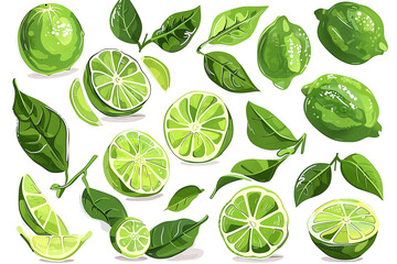 A set of illustrations featuring fresh limes surrounded by vibrant green leaves, with intricate details perfect for food and nutrition concepts, ideal for design projects.