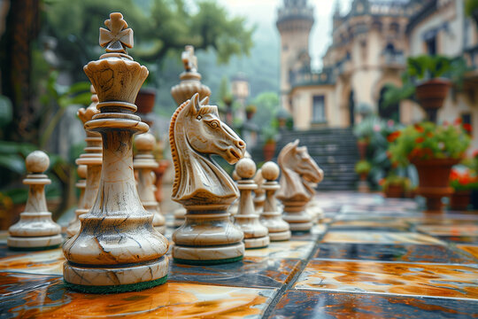 A fantasy chess diorama world with dark medieval castle. Immersive miniature fantasy game. Wallpaper background enchanted gothic spooky.