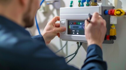 close-up of male plumber fixing thermostat