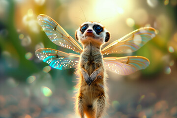 An adorable meerkat hybrid with dragonfly wings. Magical creature with fur and iridescent wings.