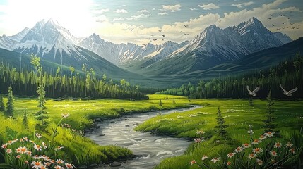Majestic Mountain Landscape with Serene Stream, Lush Greenery, and Vibrant Wildflowers Under a Clear Blue Sky and Soaring Birds