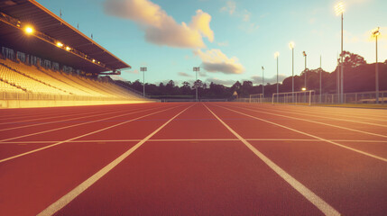Obraz premium Evening photograph of a stadium with red running tracks for athletics competitions.