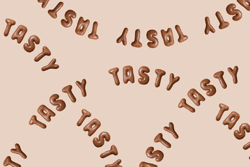 Sweet composition with the word Tasty on a beige background. Alphabet biscuits on a pastel background