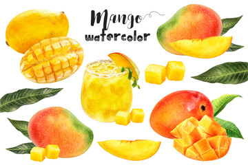 Watercolor of fresh mango with slices, cubes, juice, and leaves, showcasing its appeal