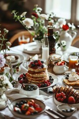 Naklejka premium Morning Indulgence, High Angle View of Sumptuous Gourmet Breakfast with Fluffy Pancakes, Fresh Berries, and Luscious Syrup Drizzle.