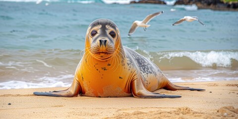 Obraz premium Adorable Seal Resting on Sandy Beach by the Ocean with Seagulls in Background on a Beautiful Sunny Day - Nature Wildlife Photography