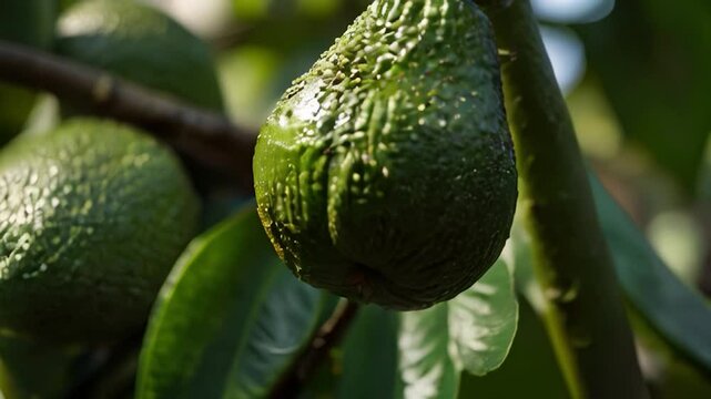 Close-Up of Ripe Avocado on Tree Branch