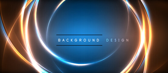 Neon glowing circle rays, light round lines in the dark, planet style neon wave lines. Energetic electric concept design for wallpaper, banner, background
