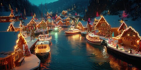 Obraz premium Picturesque Snowy Village by River with Illuminated Charming Houses and Boats at Dusk During Christmas Holiday Season