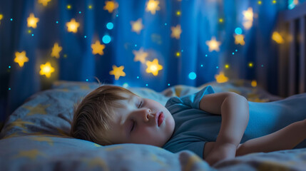 Side view of a beautiful and cute male toddler baby kid sleeping and resting at night in a dark room with blue and yellow glowing stars on the walls. Little newborn child sweet dreams, infant bedroom