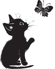 Cat playing with butterfly silhouette on white background 