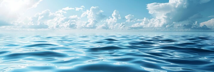 A serene view of a calm blue ocean under a beautiful sky with white clouds. Perfect for relaxation themes.