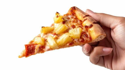 slice of fresh pineapple pizza in hand closeup view