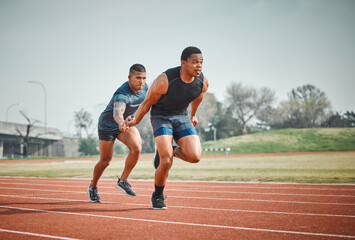 Relay, race and men with baton for teamwork, speed challenge and track sports event at arena....