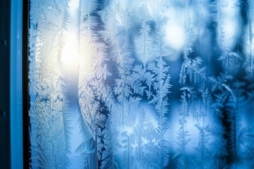 Elegant frost patterns on a frozen window displaying captivating blue coloration