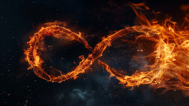 infinity sign made of fire on a black background