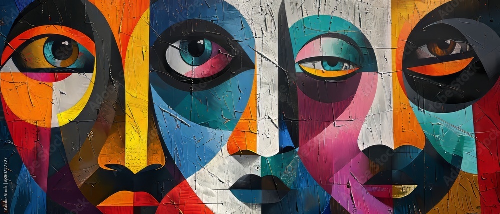 Wall mural a colorful painting of three faces with blue eyes and red lips