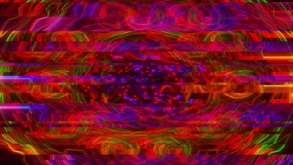 A swirling, abstract pattern of red, orange, yellow, green, blue, and purple lines and shapes with a glitching effect