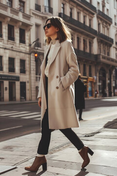 Fashionable woman wearing a beige coat and sunglasses walking confidently on a city street, vertical