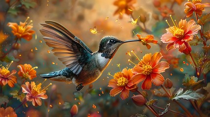 Fototapeta premium A watercolor painting of a hummingbird in mid-air, sipping nectar from a cluster of bright orange and yellow flowers.
