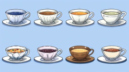   Coffee Cups and Saucers on Blue Background