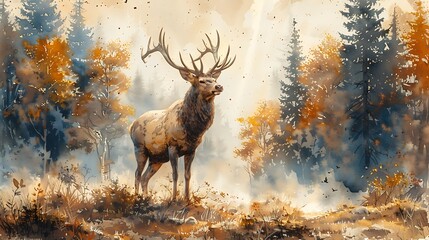 A watercolor painting of a majestic deer with antlers, standing in a misty forest clearing, with shafts of sunlight breaking through the dense canopy.