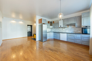 Classic Home Kitchen Interior. Wooden Floor, Oven, Kettle, Gas Heater. Minimalistic Interior Design