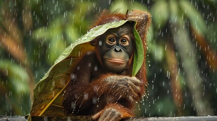 Obraz premium A monkey wearing a leaf on its head sits in the rain with that same leaf