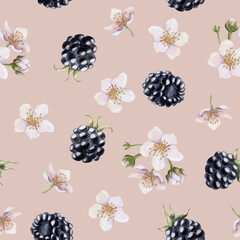 Blackberry, ripe berries. Watercolor illustration, floral seamless pattern on peach pink for table textile, food package