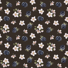 Blackberry, ripe berries. Watercolor illustration, floral seamless pattern on dark for table textile, food package