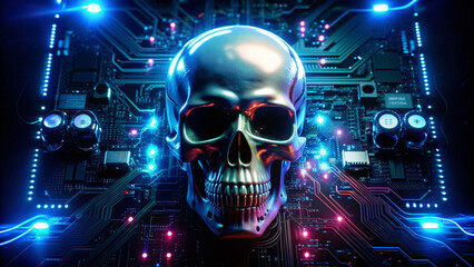 Ominous neon glowing skull surrounded by circuit boards and wires, symbolizing the dark and sinister presence of malicious hacking and cybercrime in the digital world.
