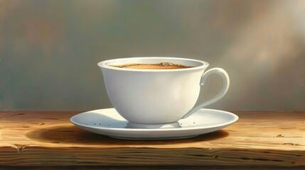 Obraz premium A painting depicts a cup of coffee on a saucer atop a wooden table, illuminated by a soft light source