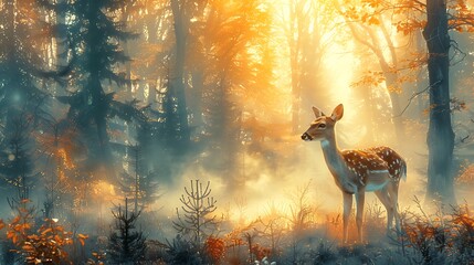 A watercolor painting of a peaceful deer in a misty forest glade, with the mist creating an ethereal glow and the surrounding trees and foliage adding to the serene setting.