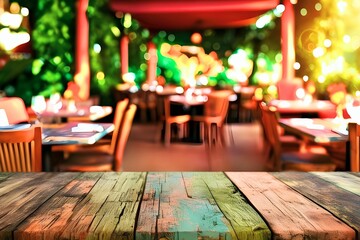 Empty wooden table top in front of restaurant café with retro-style blurred bokeh background –...