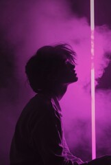 silhouette of woman in red smoke with dramatic lighting and neon vertical line in dark atmosphere