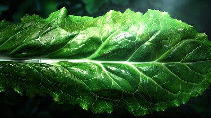   A leaf of lettuce with water droplets on its leaves against a black background