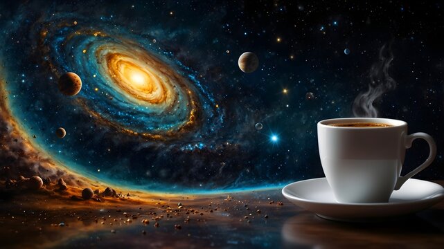 a cup of coffee made of the universe, the coffee swirls out in some places, planets circle above the cup, background dark with individual small sparkling stars