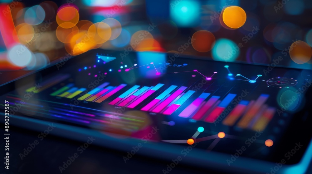 Poster a digital tablet displaying interactive bar graphs and analytics dashboard