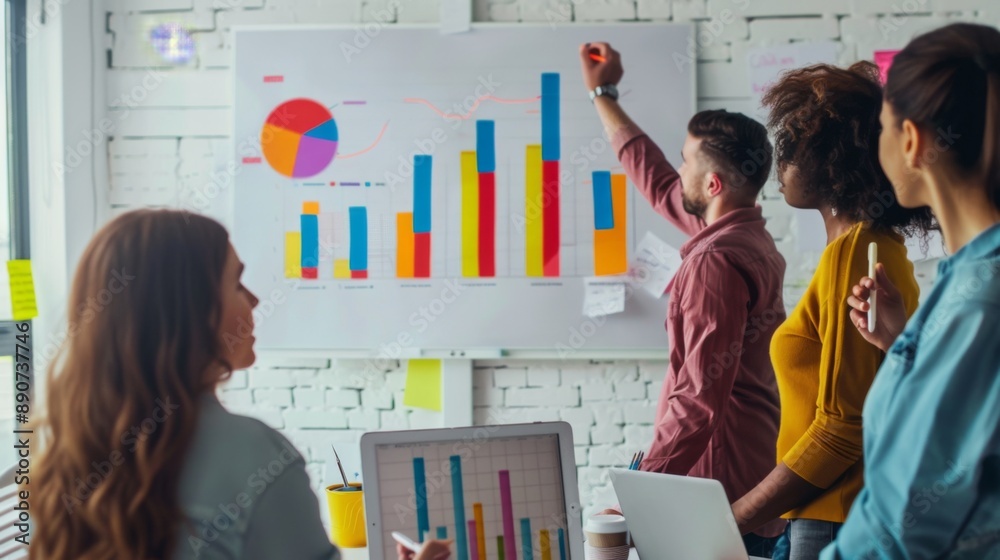 Aufkleber A diverse team discussing a colorful bar graph on a whiteboard, brainstorming business strategies