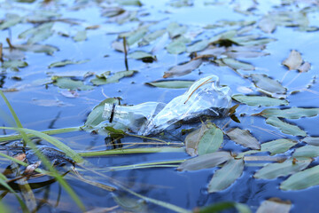 Plastic bottle in water, lake or river. Plastic pollution. Pollution of reservoirs and rivers. Garbage in the river close-up. An abandoned bottle floats on the lake. Food plastic in river water