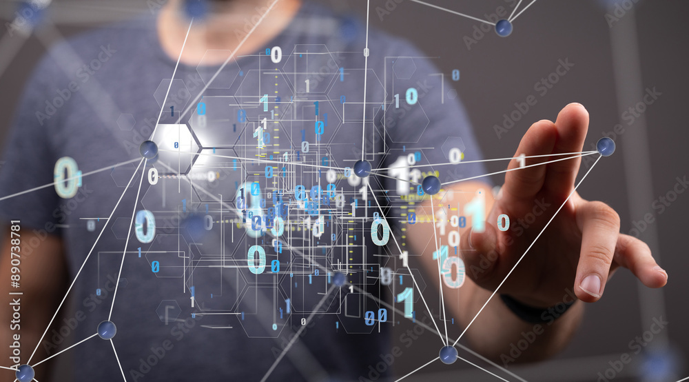 Poster Big data and artificial intelligence concept. Machine learning and cyber mind domination