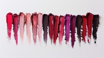 A flat lay of different lipstick shades with swatches on a white background, illustrating the variety and texture