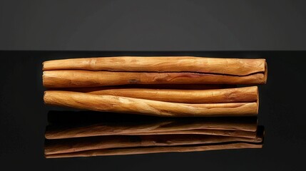   A black table with a black wooden stick pile reflecting on the surface