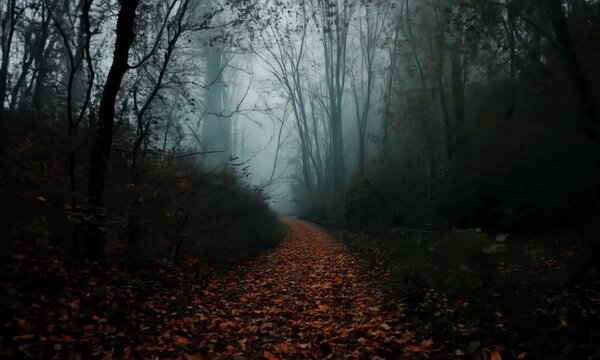 A forest path is shown in the dark with a few trees in the background. Scene is eerie and mysterious