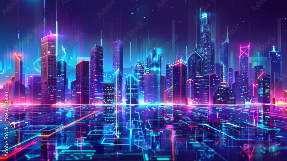 Poster A futuristic skyline with digitally enhanced skyscrapers and neon lights, symbolizing technological advancement